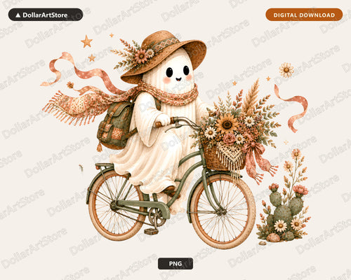 Boho Ghost PNG, Bicycle Sublimation Design, Autumn Shirt Design Digital Download