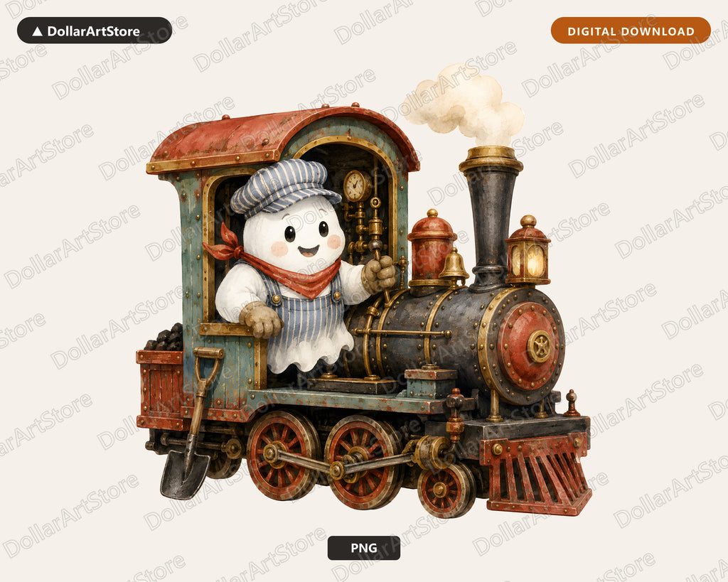 Steampunk Ghost Cowboy PNG, Western Train Design, Sublimation Print Download