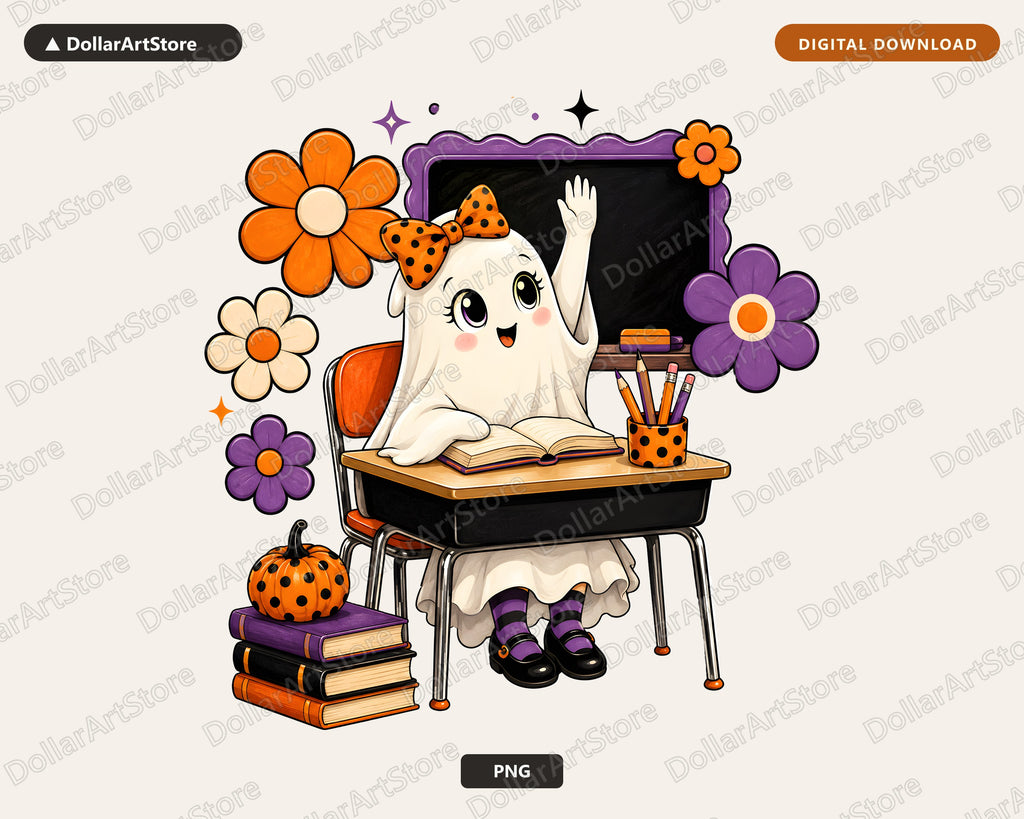 Cute Halloween Ghost PNG, School Desk Design, Sublimation Download