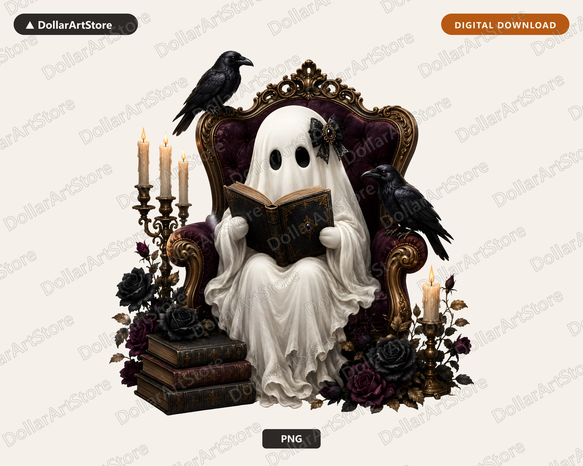 Bookish Ghost PNG, Dark Academia Sublimation Design, Halloween Shirt Design Digital Download