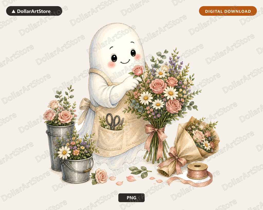 Cute Ghost PNG Sublimation Design, Florist Ghost Shirt, POD Digital Download