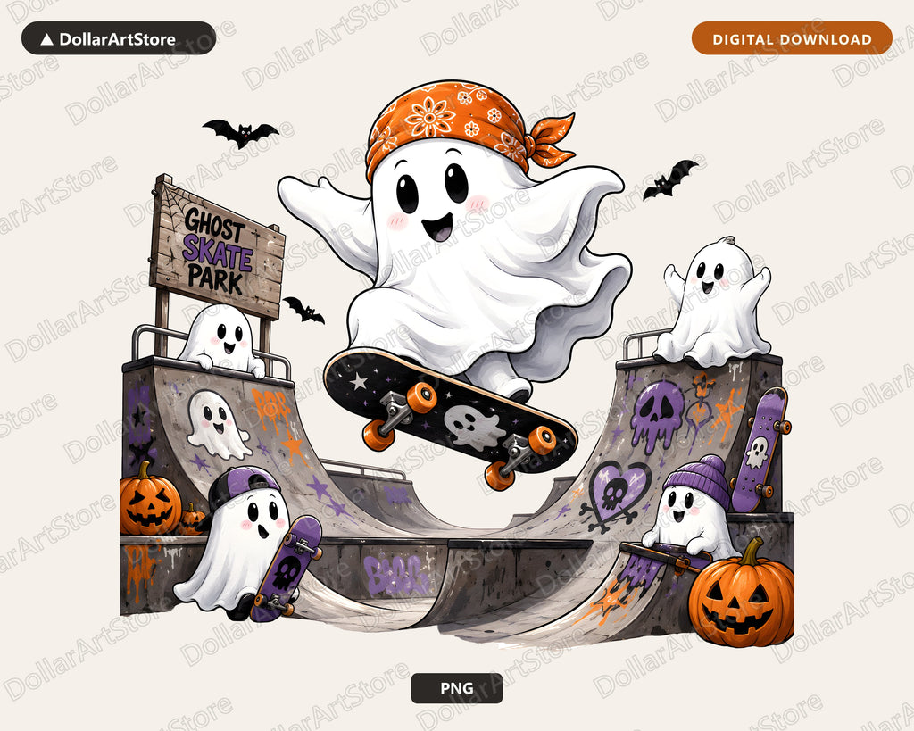 Cute Halloween Ghost Skate Park PNG, Sublimation Design, Shirt Design Digital Download