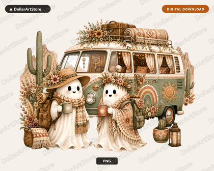 Boho Ghost PNG Sublimation Design, Vintage Van Shirt Print, Digital Download