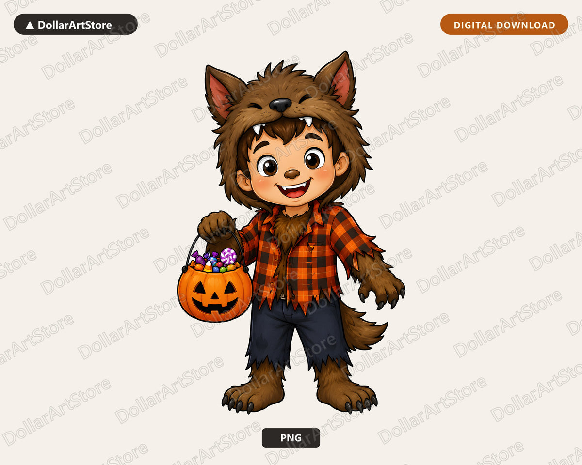 Cute Werewolf Kid Halloween Costume PNG, Sublimation Design Digital Download
