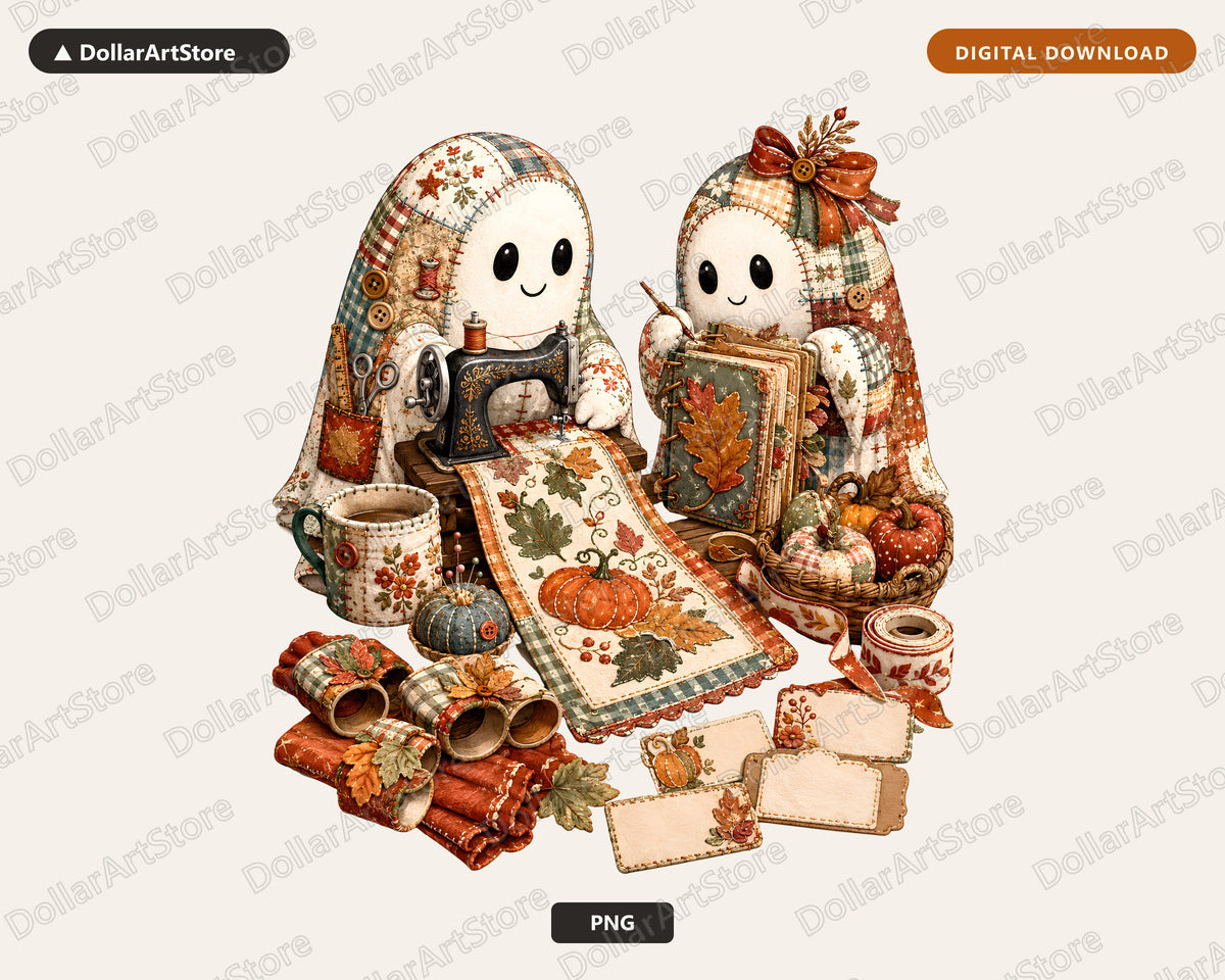 Crafting Ghosts PNG, Autumn Sewing Design, Sublimation Digital Download