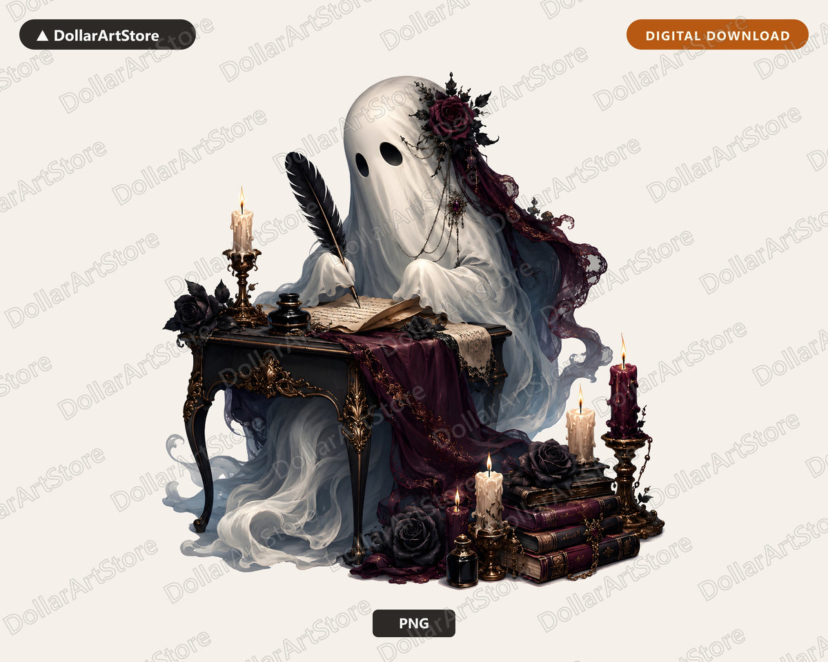 Bookish Ghost PNG, Gothic Dark Romance Sublimation Design, Digital Download