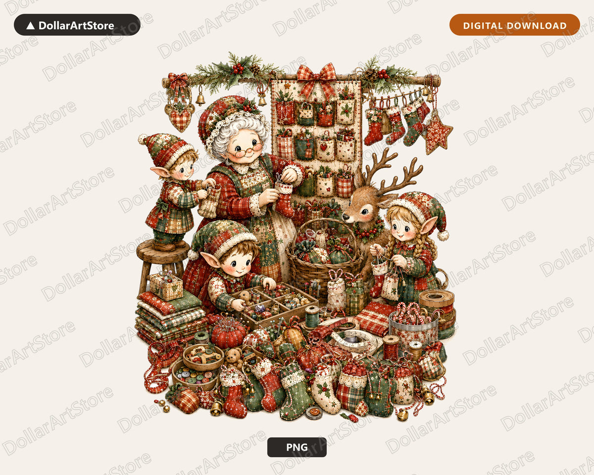 Santa Patchwork PNG, Vintage Christmas Elves, Sublimation Design Digital Download