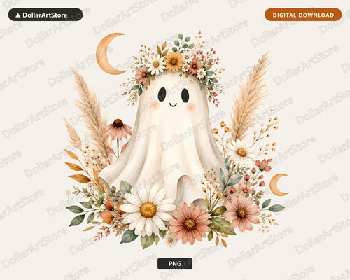 Boho Ghost PNG, Autumn Floral Sublimation Design, Fall Shirt Design Digital Download