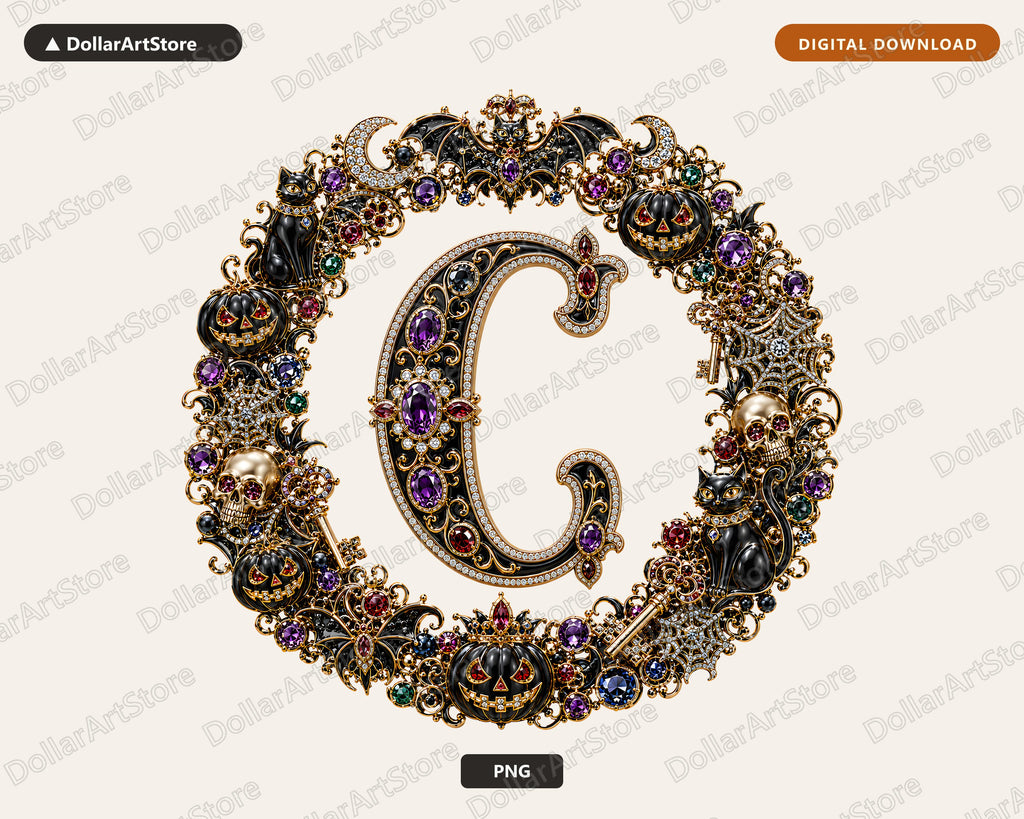 Halloween Monogram G PNG, Ornate Gothic Letter, Sublimation Design