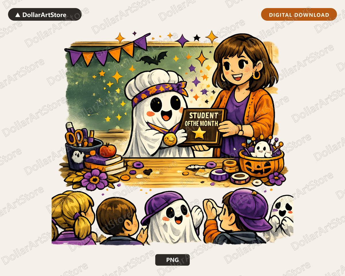 Cute Halloween Ghost PNG, Student of Month, Sublimation Design Digital Download
