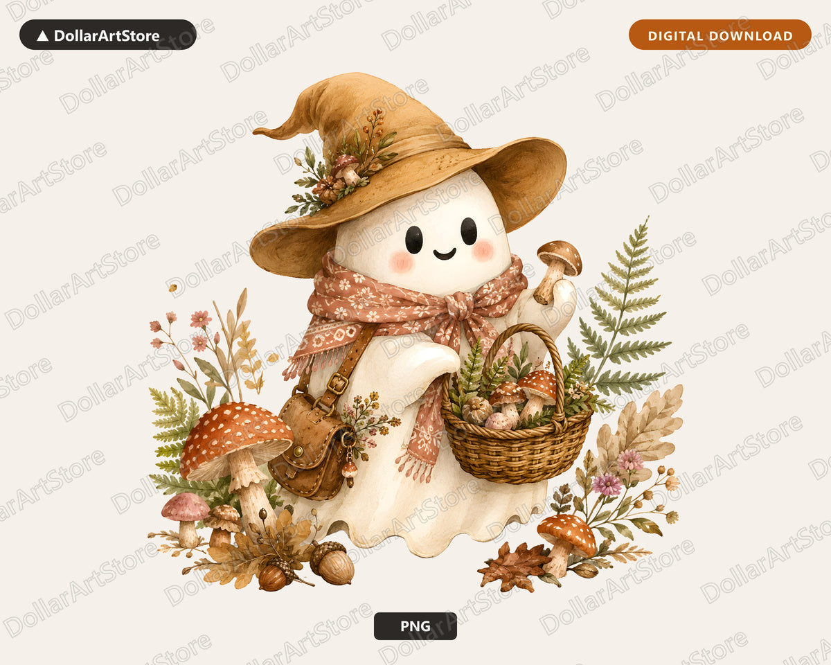 Boho Ghost PNG, Autumn Mushroom Design, Sublimation Shirt & Tumbler Print