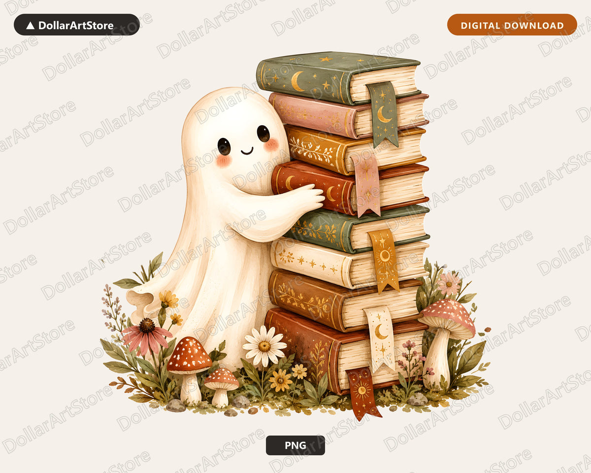 Bookish Ghost PNG, Whimsical Library Design, Sublimation Download