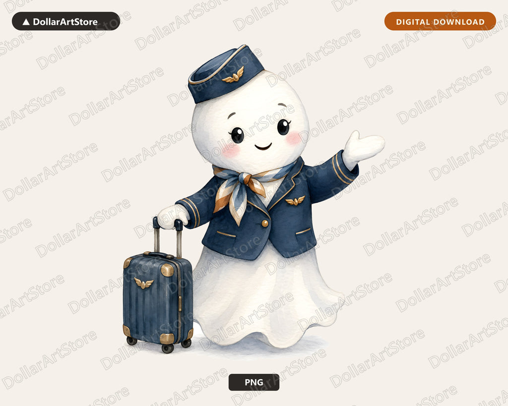 Cute Pilot Ghost PNG, Vintage Airline Steward Design, Sublimation Download