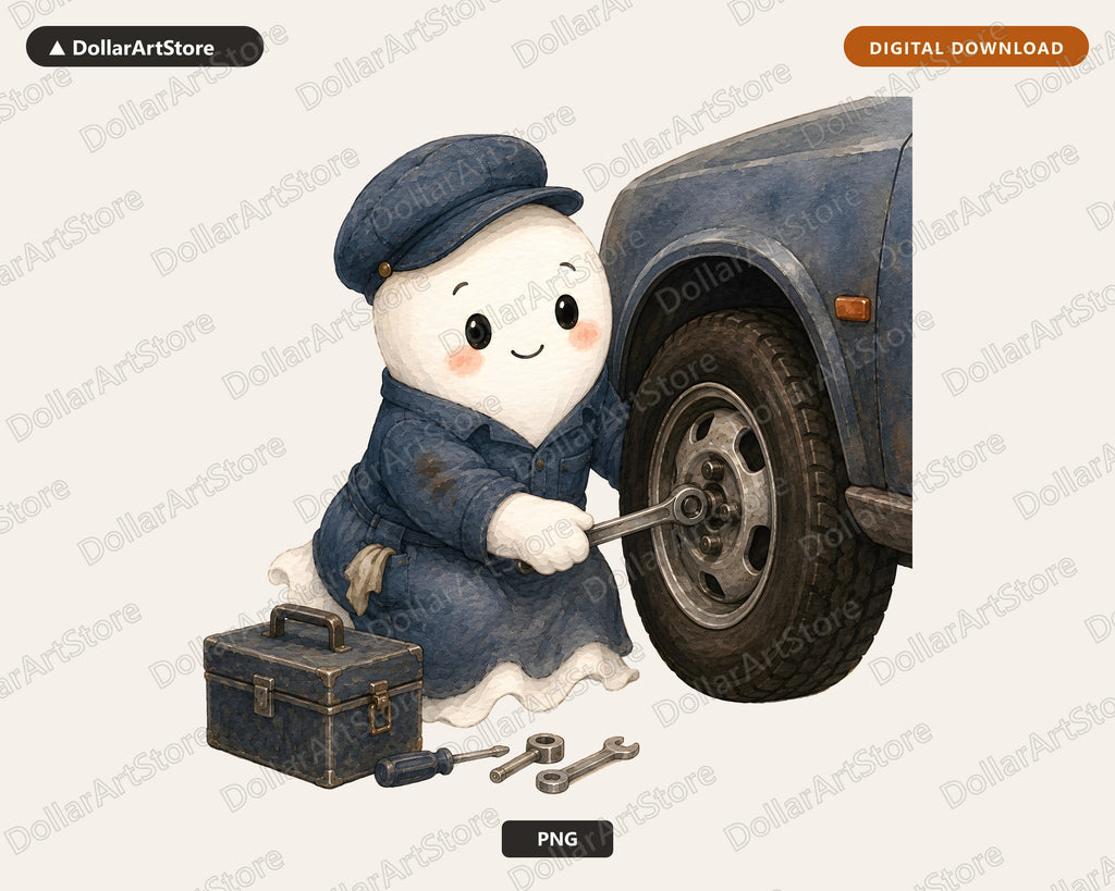 Cute Mechanic Ghost PNG, Vintage Sublimation Design, Shirt Print Digital Download