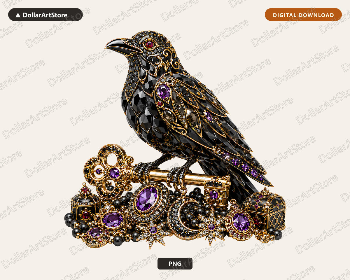 Gothic Raven PNG, Jeweled Black Bird, Ornate Sublimation Design