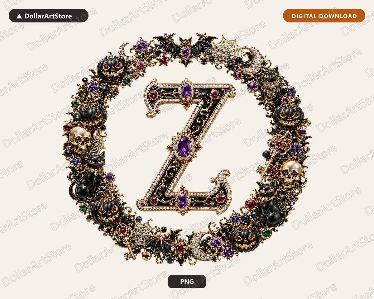 Letter Z Halloween Monogram PNG, Gothic Gold Skull Sublimation Design
