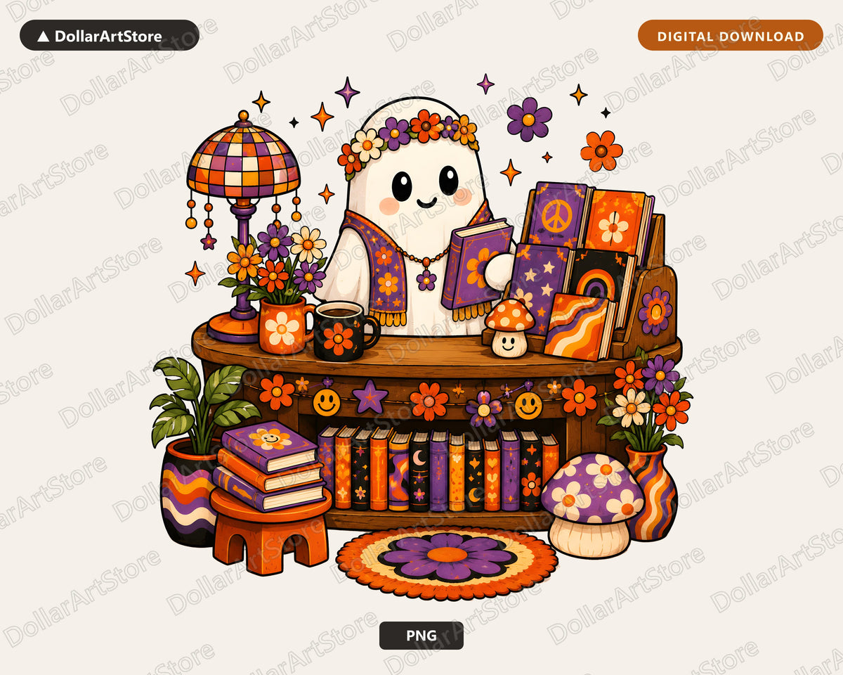 Groovy Bookish Ghost PNG, Sublimation Design, Retro Shirt Design Digital Download