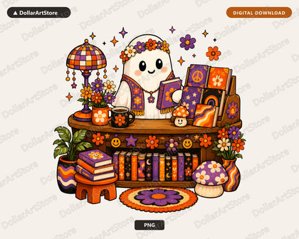 Groovy Bookish Ghost PNG, Sublimation Design, Retro Shirt Design Digital Download