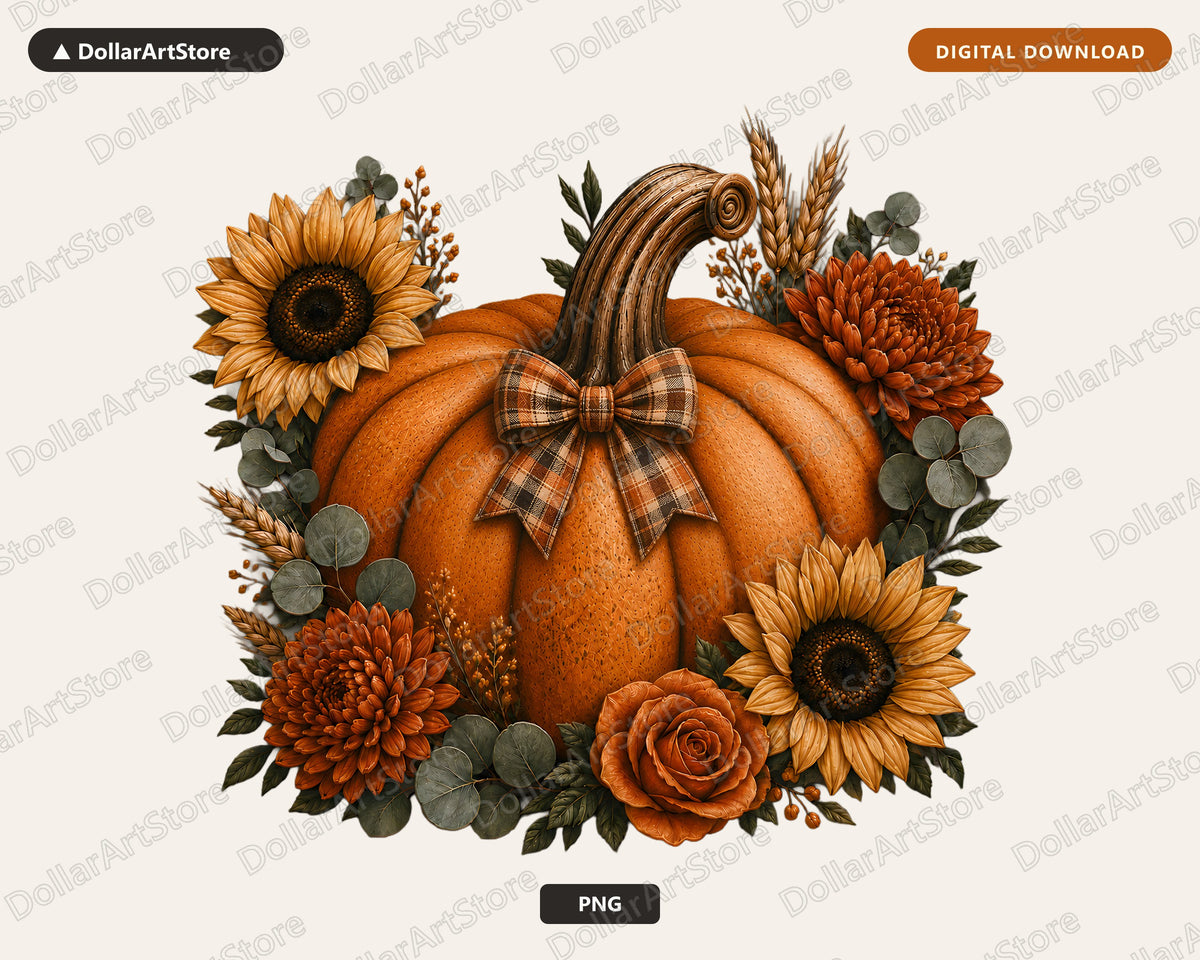 Autumn Pumpkin PNG, Fall Floral Sublimation Design, Shirt Print Digital Download