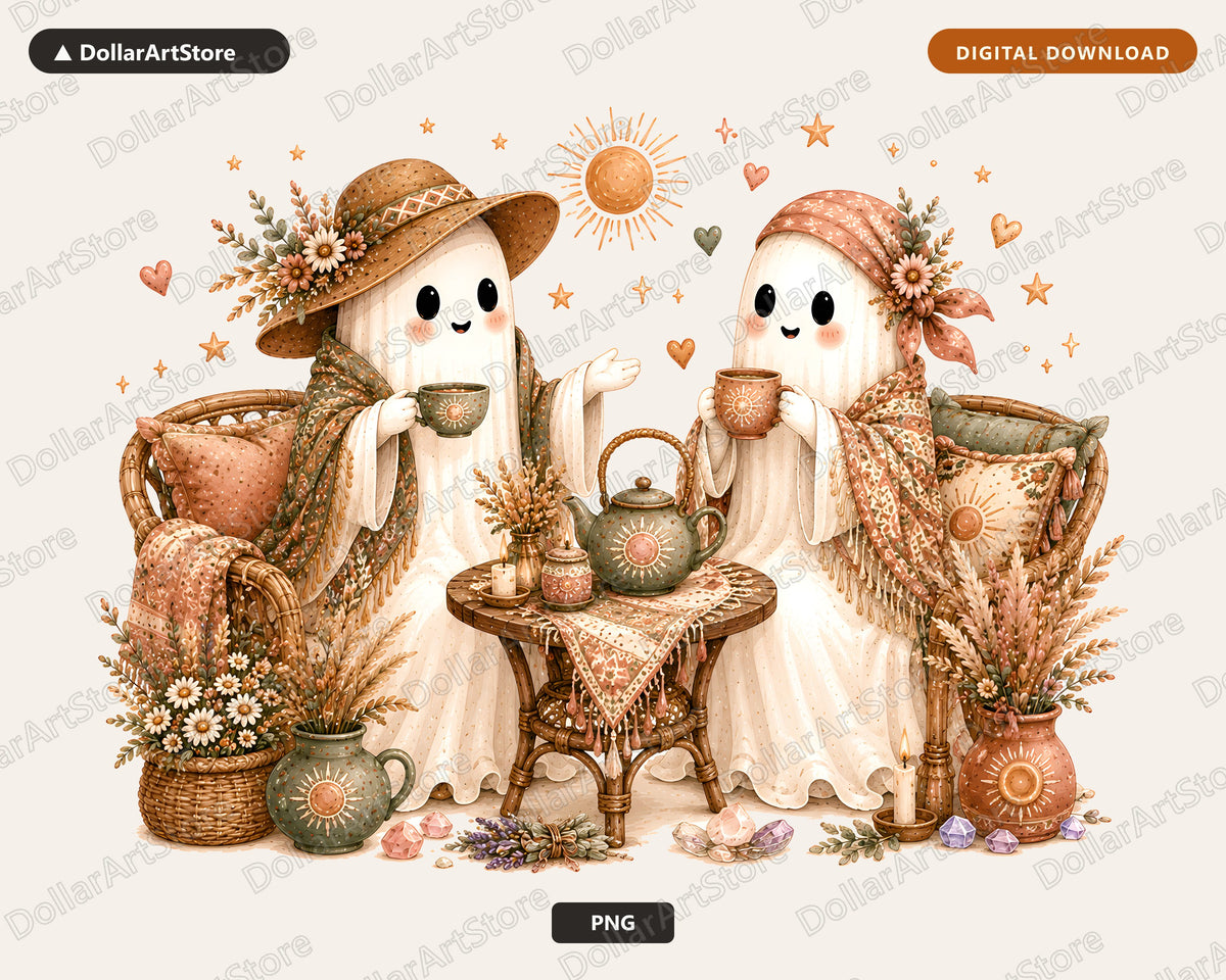 Cute Ghost PNG, Autumn Tea Party, Sublimation Design for Shirts