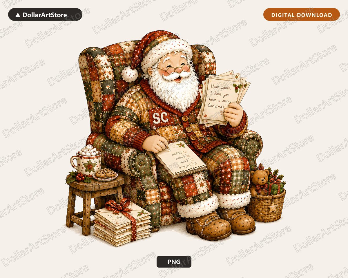 Santa Patchwork PNG, Vintage Christmas Design, Sublimation Shirt Print
