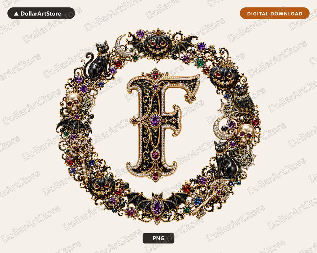 Halloween Monogram F PNG, Gothic Letter Design, Sublimation PNG Digital Download