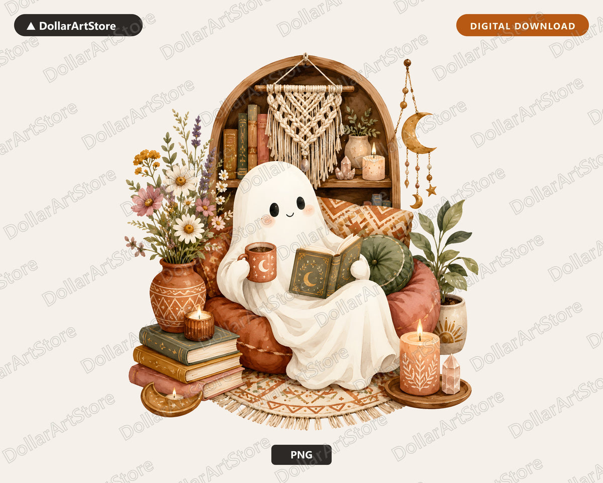 Bookish Ghost PNG, Cozy Reading Design, Sublimation PNG Digital Download
