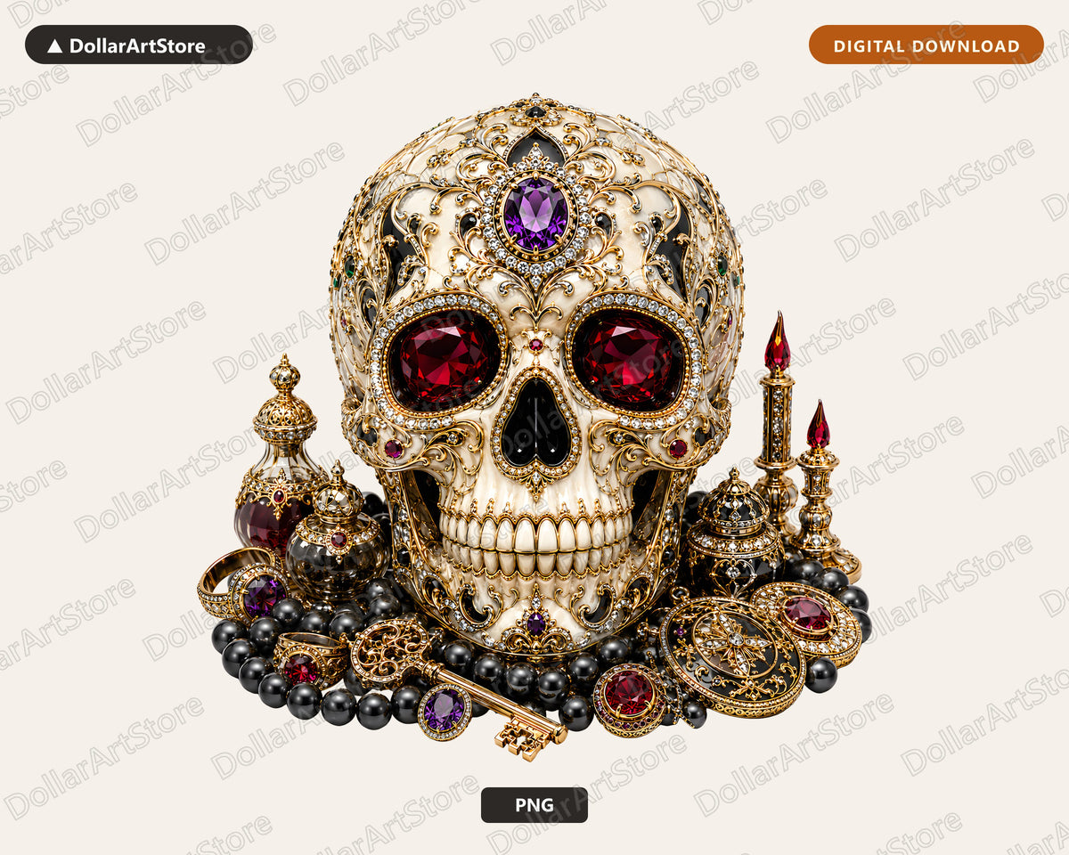 Gothic Skull PNG Sublimation Design, Luxury Halloween Shirt & Tumbler Print