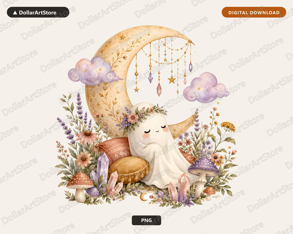 Boho Ghost PNG Sublimation Design, Whimsical Moon Art Digital Download