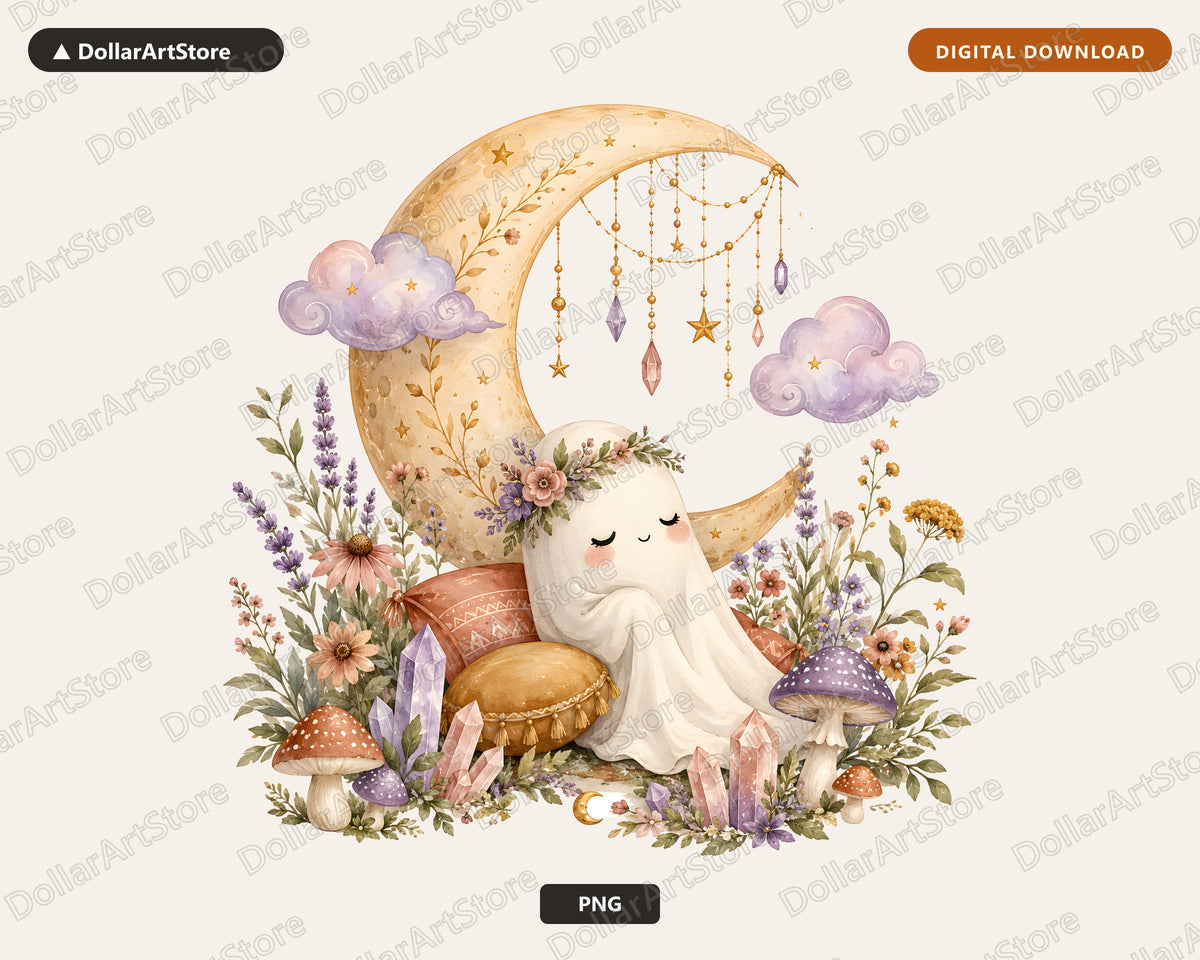 Boho Ghost PNG Sublimation Design, Whimsical Moon Art Digital Download