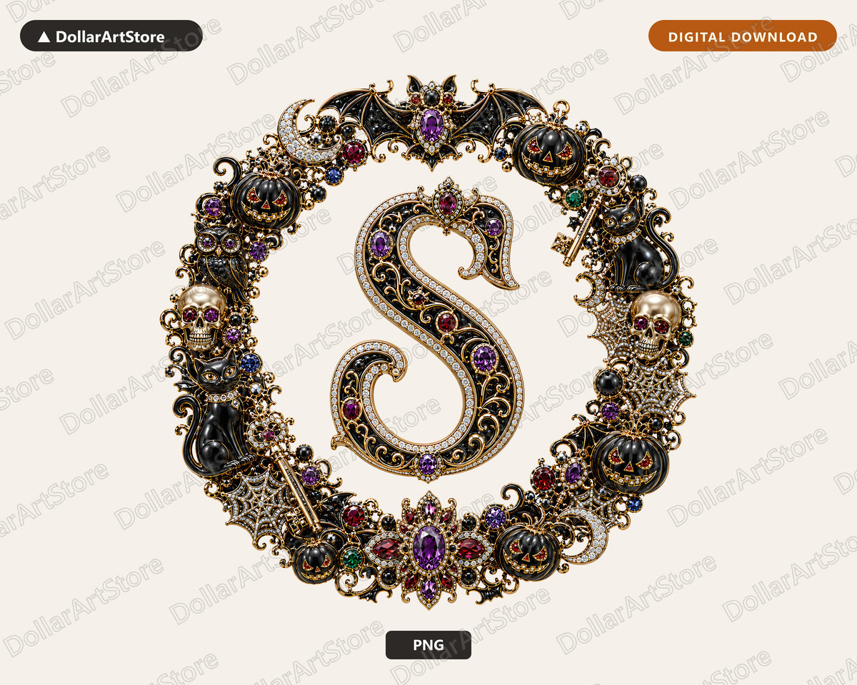Halloween Monogram S PNG, Gothic Ornate Design, Sublimation Print