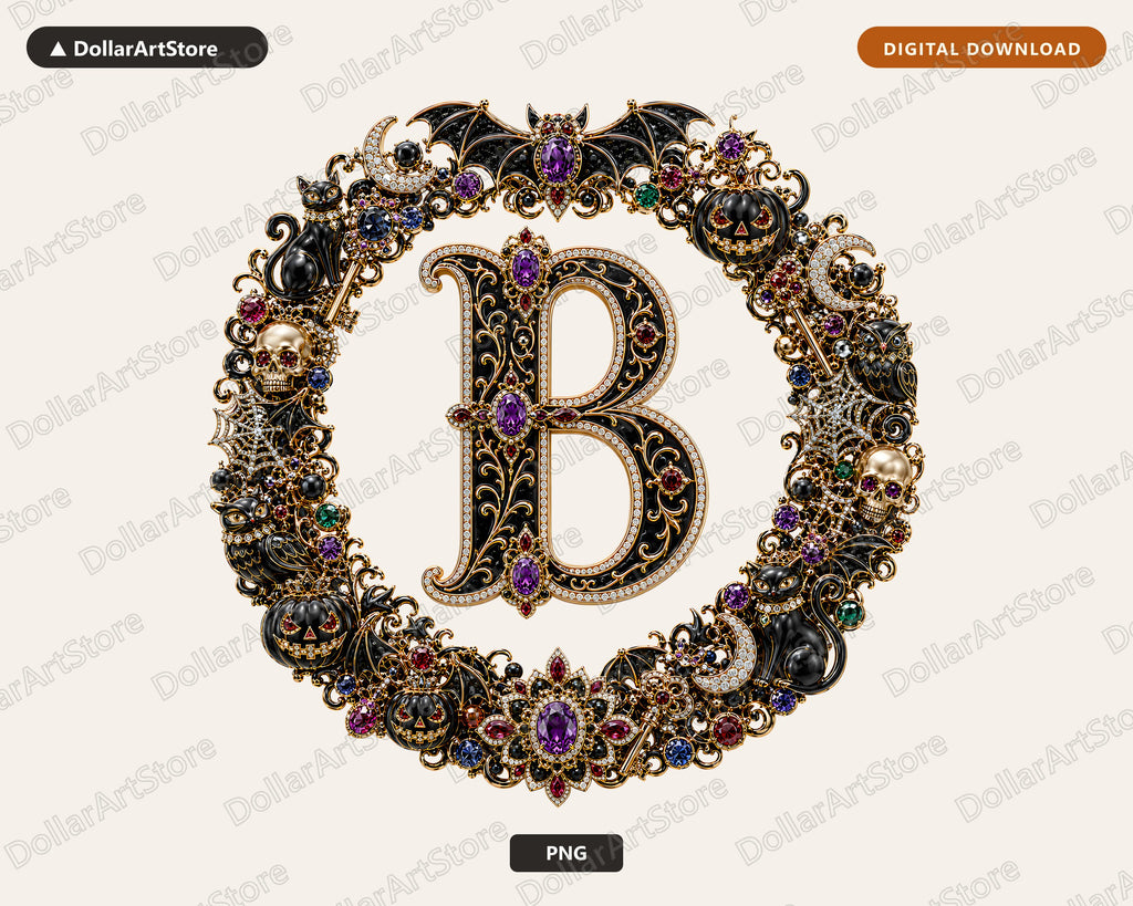 Letter B Halloween Monogram PNG, Gothic Jewelry Design, Sublimation Download