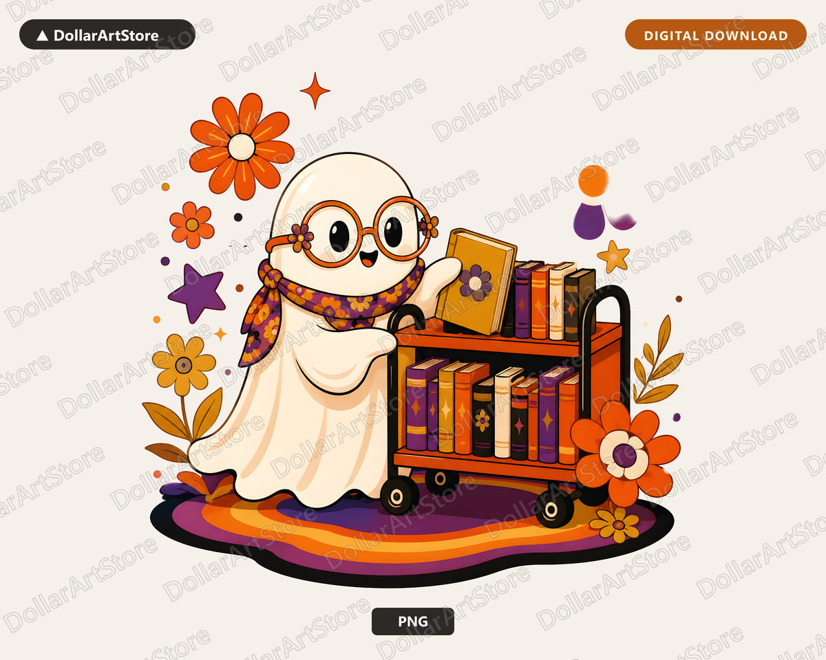 Bookish Ghost PNG, Retro Sublimation Design, Shirt & Tumbler Digital Download