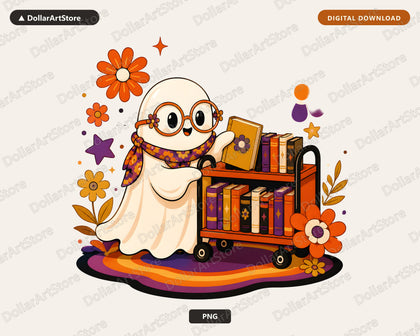 Bookish Ghost PNG, Retro Sublimation Design, Shirt & Tumbler Digital Download