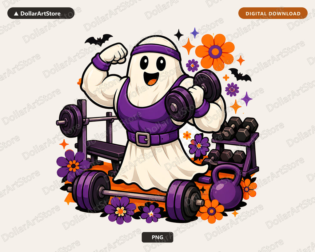 Cute Gym Ghost PNG, Funny Halloween Fitness Sublimation Design Digital Download
