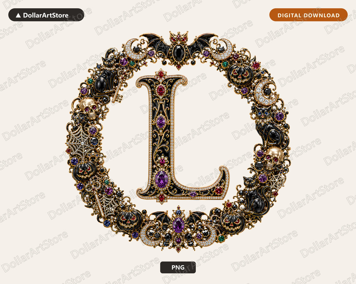Halloween Monogram L PNG, Gothic Ornate Letter, Sublimation Design Digital Download