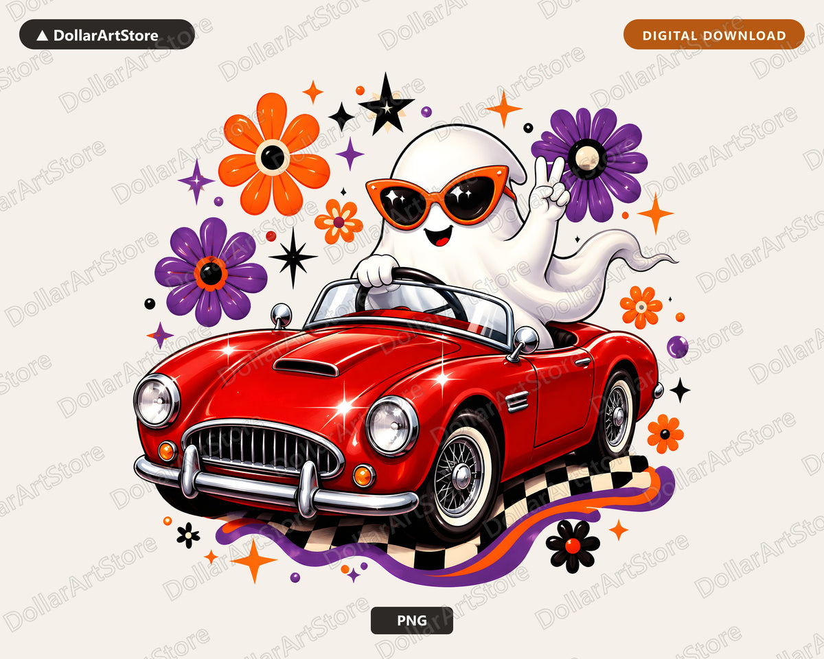 Cute Halloween Ghost PNG, Retro Car Design, Sublimation Digital Download