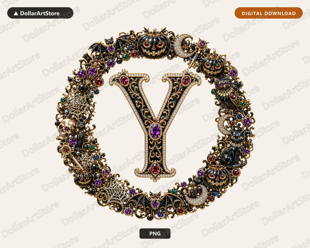 Halloween Monogram Y PNG, Gothic Jewelry Letter Design, Sublimation Shirt PNG