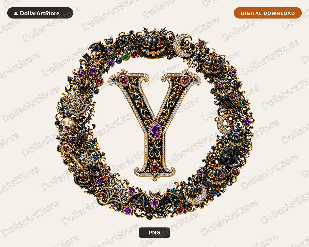 Halloween Monogram Y PNG, Gothic Jewelry Letter Design, Sublimation Shirt PNG