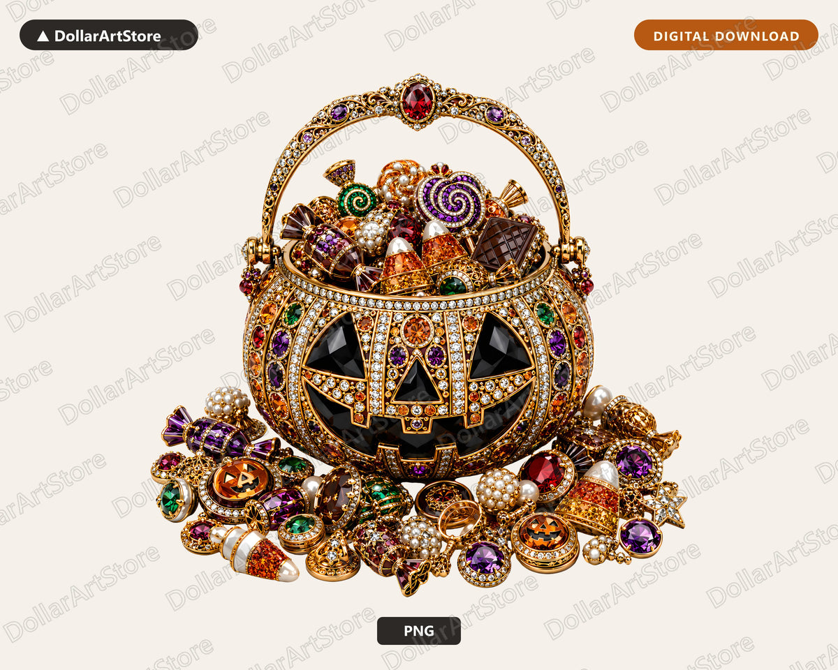 Luxury Jeweled Pumpkin Basket PNG, Halloween Sublimation Design Digital Download