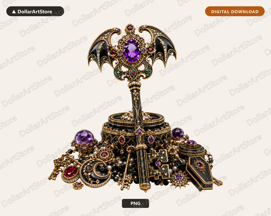 Gothic Bat Jewel PNG, Ornate Dark Fantasy Sublimation Design Digital Download