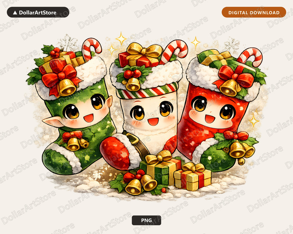 Cute Christmas Stockings PNG, Kawaii Holiday Design, Sublimation Digital Download