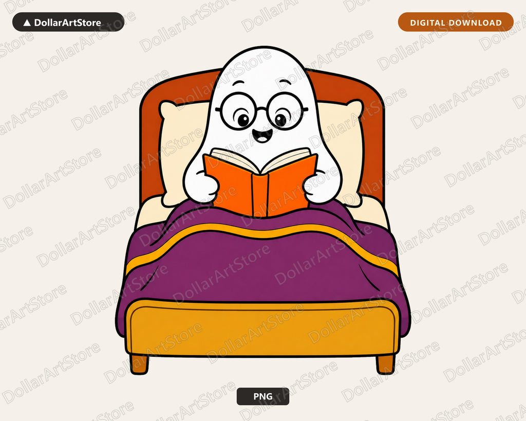 Bookish Ghost PNG, Reading in Bed, Sublimation Design Digital Download