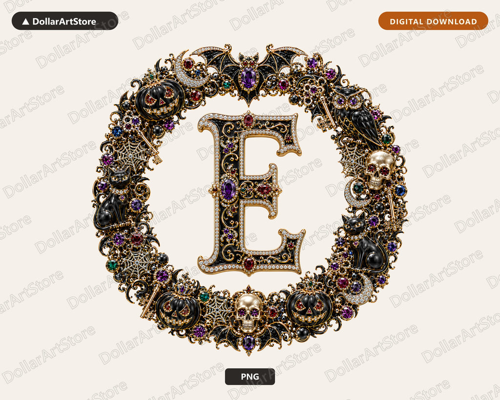 Letter E Halloween Monogram PNG, Ornate Gothic Jewelry Design, Sublimation Download