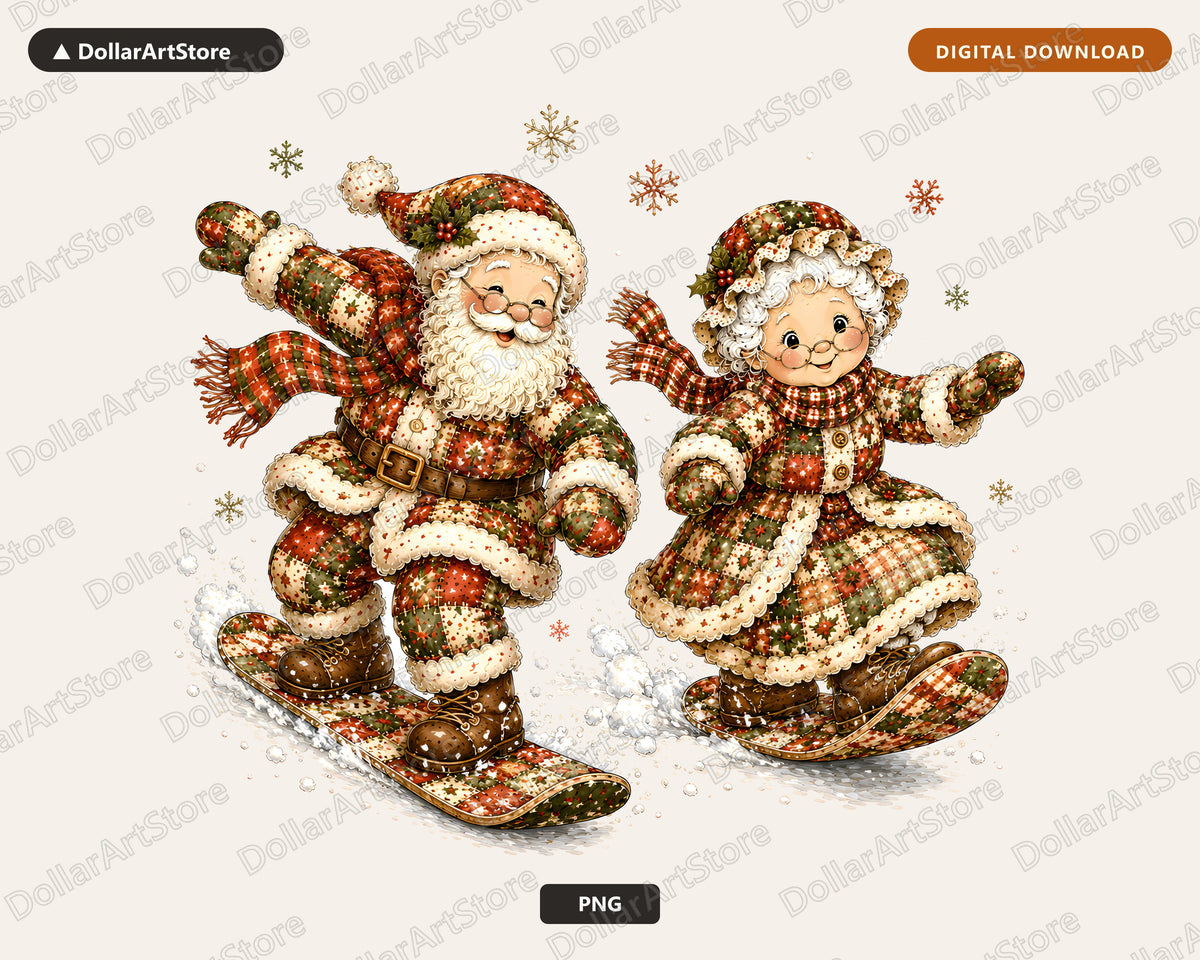 Patchwork Santa PNG Sublimation Design, Skiing Christmas Shirt Design