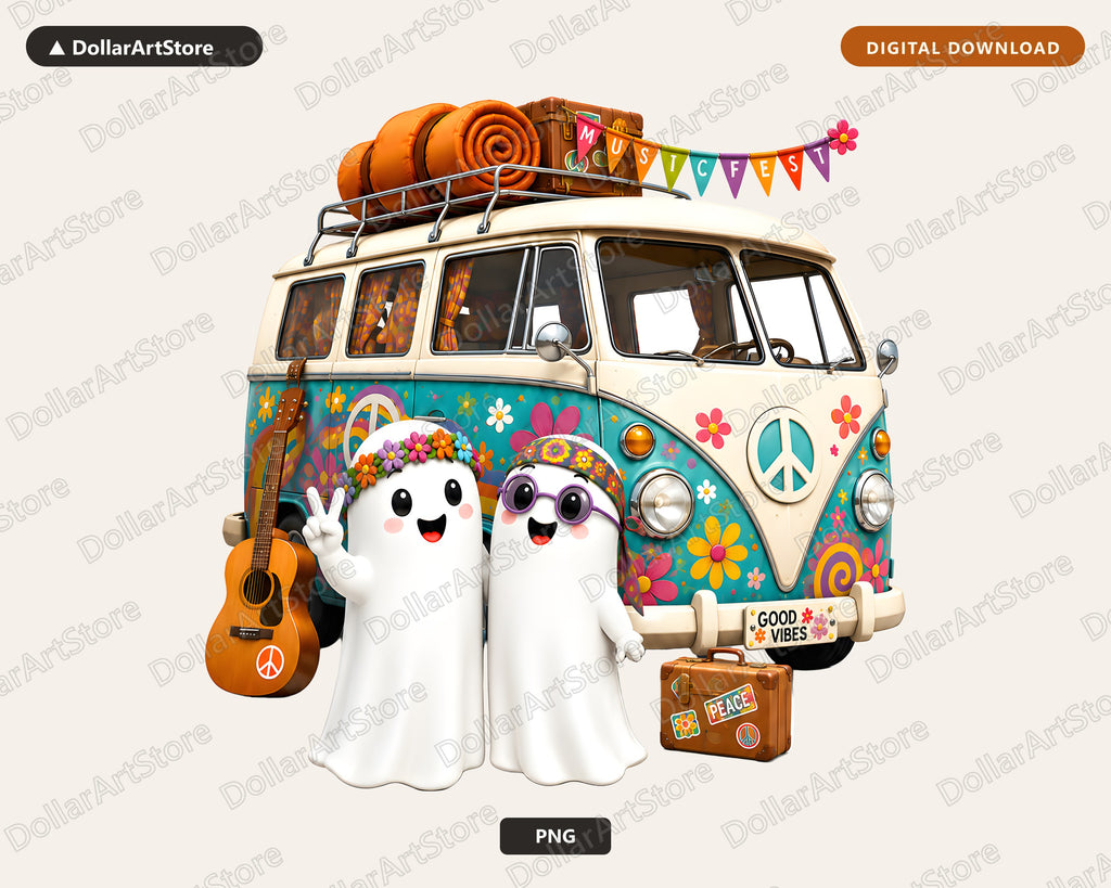 Cute Halloween Ghost PNG, Groovy VW Van, Sublimation Design, Shirt & Tumbler