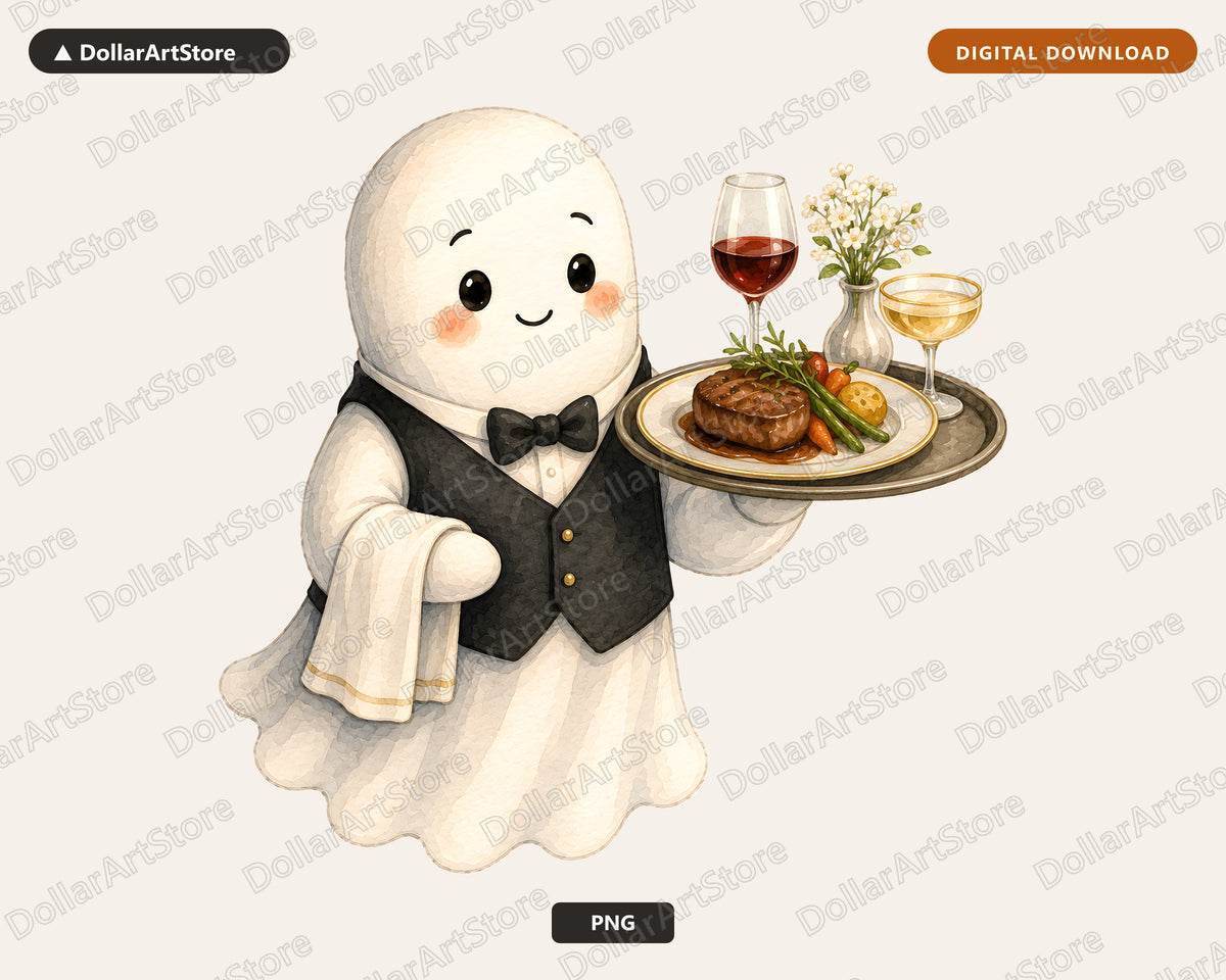 Cute Ghost Waiter PNG, Sublimation Design, Shirt Design Digital Download