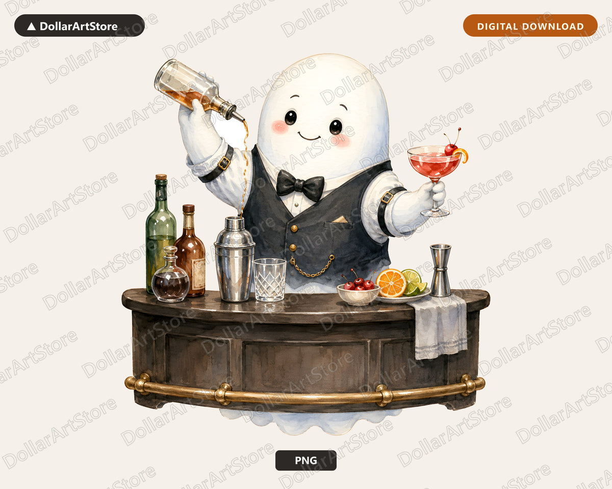 Cute Bartender Ghost PNG, Sublimation Design, Digital Download