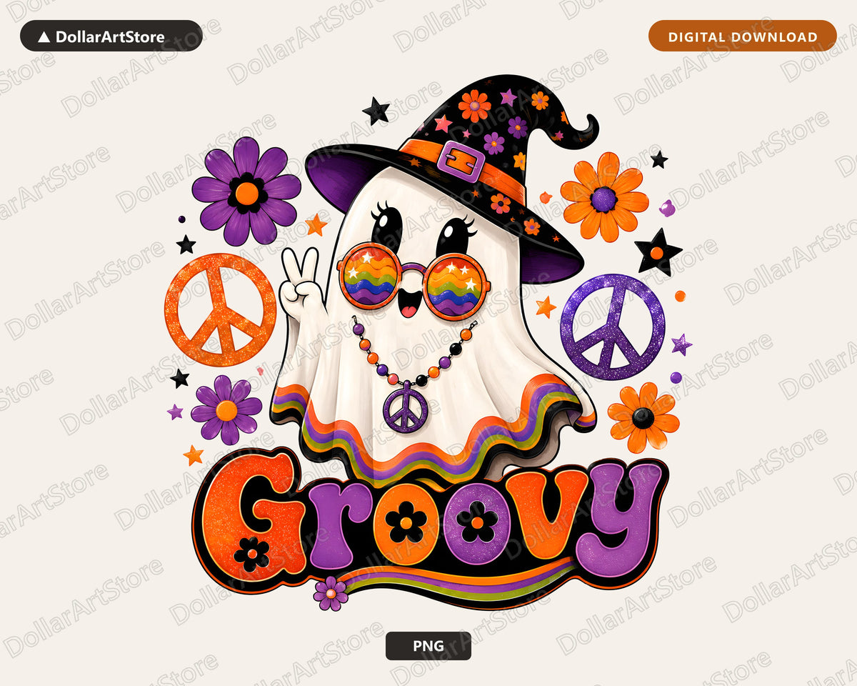 Cute Groovy Ghost PNG, Retro Halloween Shirt Design, Sublimation Instant Download