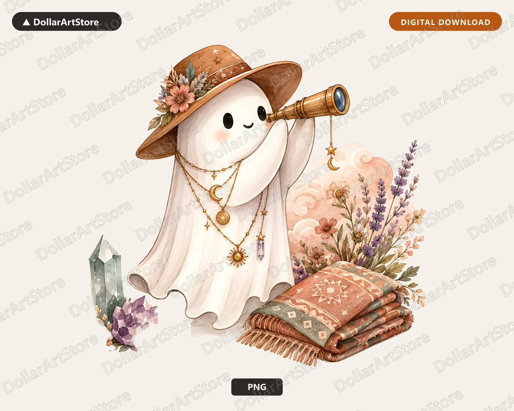 Boho Ghost PNG Sublimation Design, Autumn Celestial Shirt Design Download